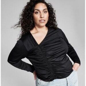 And Now This Womens Plus Ruched Gathered Pullover Top Black Size 2X